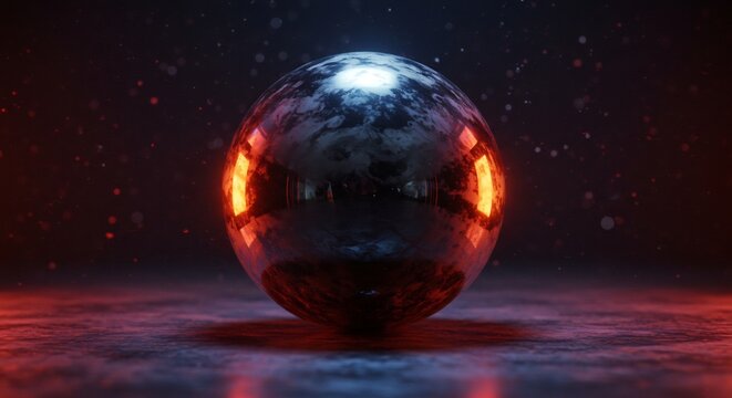 暗い質感の床に置かれた光沢ある金属の卵形物体が強く輝く青と赤の対照的な光が滑らかな表面に複雑に反射し空間を漂う粒子が未来的な幻想世界を描き出す