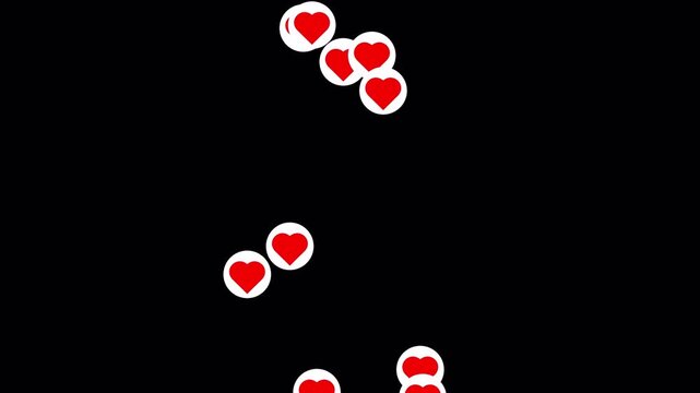 Red heart icons floating upwards on a black background, symbolizing love and social media engagement.