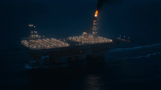 Oil rig platform burning in the middle of the ocean at night