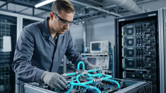 A technician inspects and repairs computer equipment in a laboratory. The focus is on the hands working with cables and components, highlighting technical skill in a modern environment