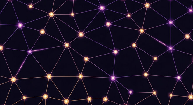 Glowing network connections on dark background with nodes and lines forming a complex web structure