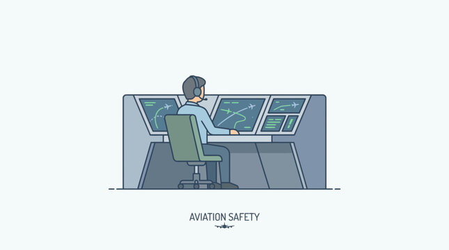 Air traffic controller monitoring flight paths on multiple screens