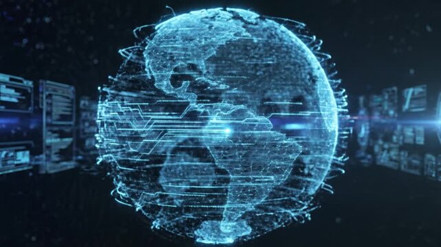 Futuristic digital globe technology data network cyber world virtual earth communication innovation abstract modern background with blue glowing lines, cyberspace connection, global science