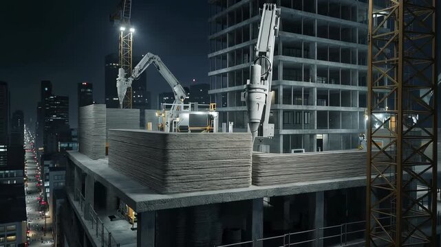 An urban construction site showcases heavy machinery working on a high-rise building at night. Bright lights illuminate the area, highlighting the ongoing building process