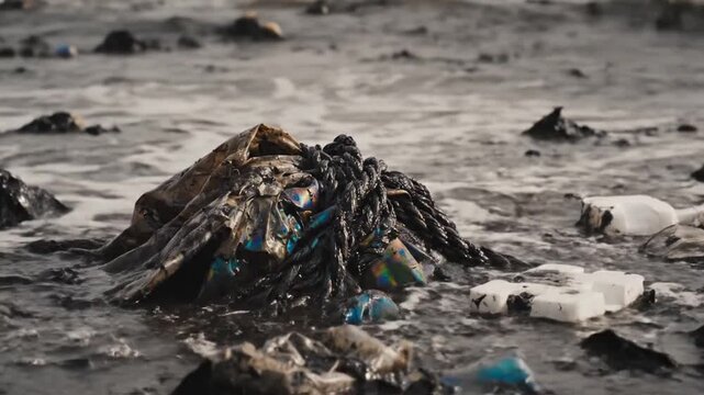Oil-Saturated Floating Debris Bobbing Listlessly in Polluted Water