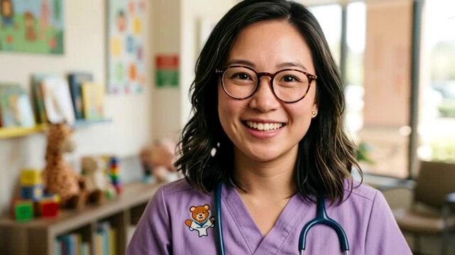 East Asian Pediatric Doctor with Warm Smile in Pastel Scrubs &ndash; Kind and Reassuring Child Care Portrait