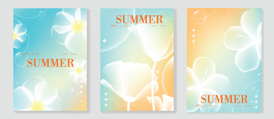 Obraz premium Summer floral poster vector set with soft pastel gradient hibiscus and plumeria flowers. Tropical botanical background collection for seasonal promotion, beach holiday flyer, wall art and social media