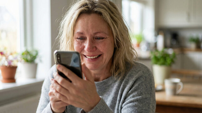 Mature woman crying with joy while looking at smartphone