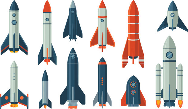 Colorful rocket collection set, space launch vehicles and missile shapes in flat cartoon style, aerospace technology illustration isolated background