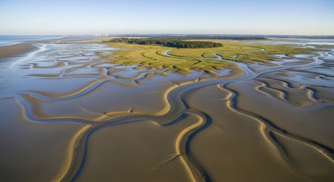 Aerial view of muddy tidal flats with winding channels and grassy island