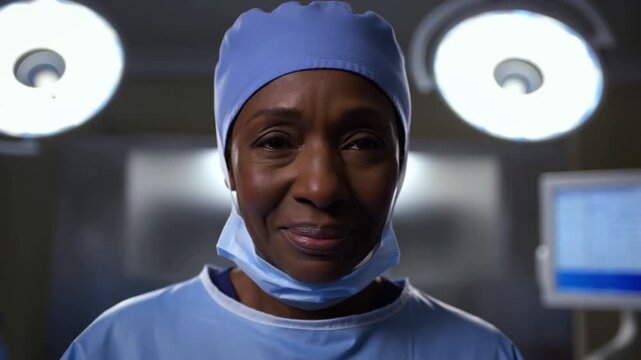 A tired but satisfied&nbsp;african american&nbsp;female surgeon in surgical cap and mask in an operating room gives a direct, concept of dedication, resilience and diversity in high-pressure medicine