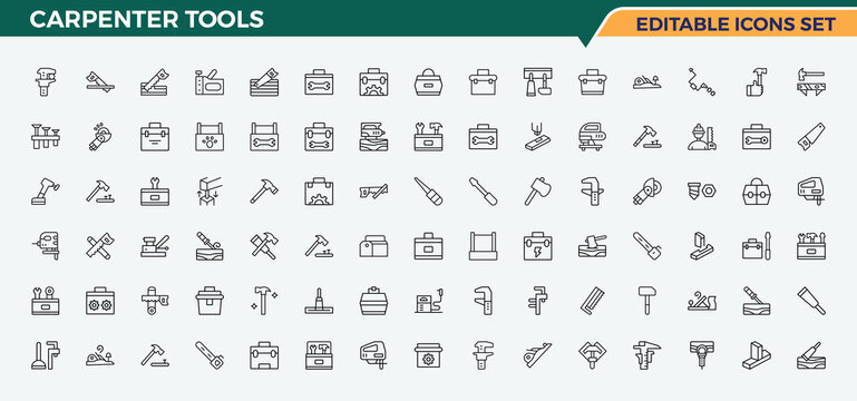 Carpenter Tools line icon set. Carpentry icon set. Set of line pictogram. Pack of tool, wood craft, carpentry, craft and more. Pictogram and infographic.