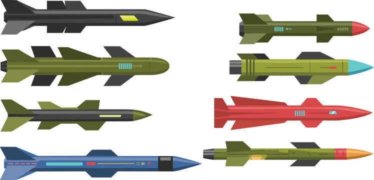Modern missiles set in flat style, military rockets and guided weapons collection, defense technology illustration isolated on light background