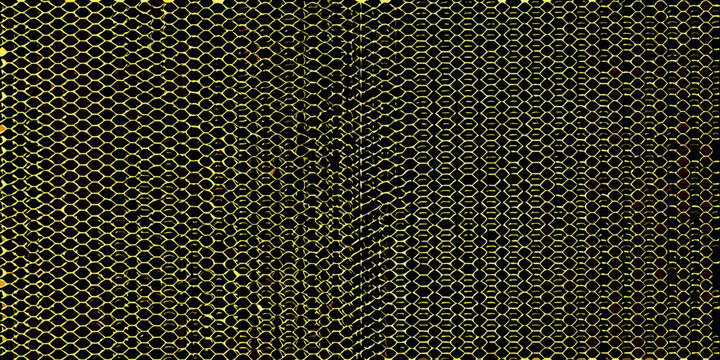 Close up of a dark hexagonal grid with golden highlights