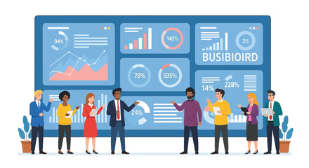 Obraz premium Diverse group of professionals collaborating around a digital analytics dashboard.