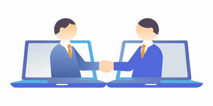 Virtual handshake between two business professionals on laptop screens