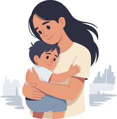 Obraz premium Mother hugging child with love and care, parent and kid bonding moment, family affection concept, warm cartoon illustration isolated background