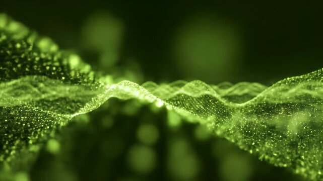 Glowing, particulate wave formation in green tones, blurry bokeh and depth of field