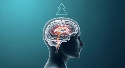 Obraz premium Human head profile with glowing brain and triangular symbol above