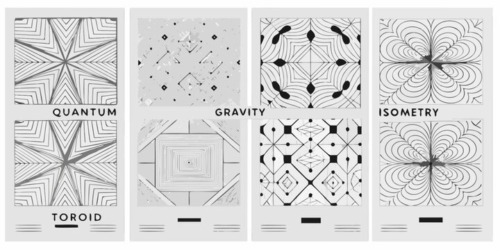 A collection of six black and white geometric patterned squares with text