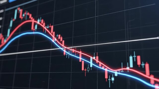 Stock market chart finance graph candlestick pattern red and blue trend line investment analysis economic data digital display volatility risk financial downturn glowing highlight technology