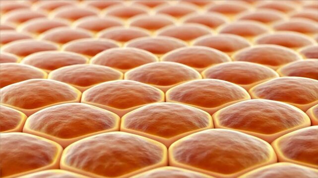 Subcutaneous fat layer cells form honeycomb pattern with smooth surface warm orange color creating soft natural biological texture and protective