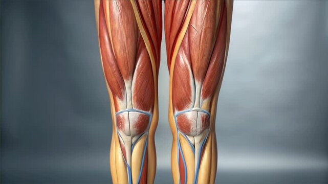 Leg and thigh muscle anatomy showing detailed muscle structure with subcutaneous fat layer beneath skin for educational medical study