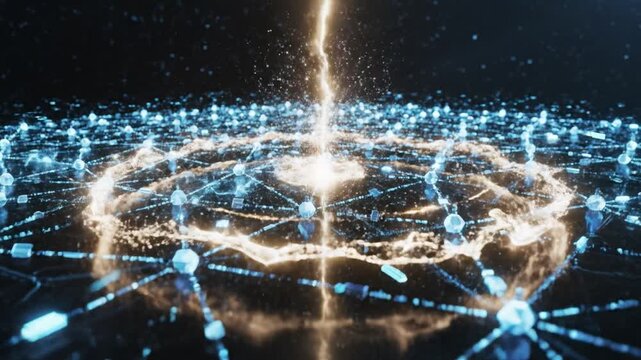 Futuristic network glowing blue node digital connection energy burst abstract technology with electricity power and lightning spark, dynamic science fiction electric light, modern digital background