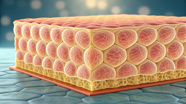 Subcutaneous fat layer illustration shows detailed structure of fat cells beneath skin tissue in 3D medical concept with soft lighting and texture