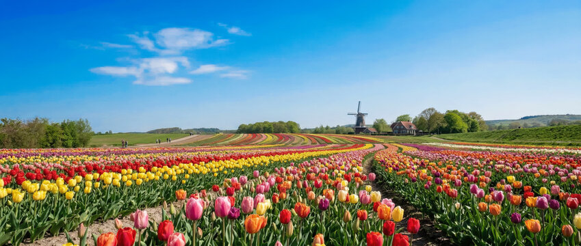 Vibrant tulip fields stretch towards a historic windmill under a clear blue sky