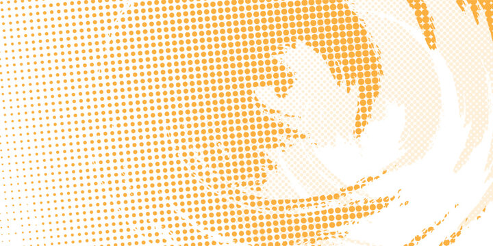 Abstract yellow spiral brush strokes combined with a white background halftone dot pattern, screen print effect