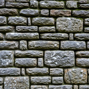 Close up of a weathered gray brick wall with moss and lichen growth