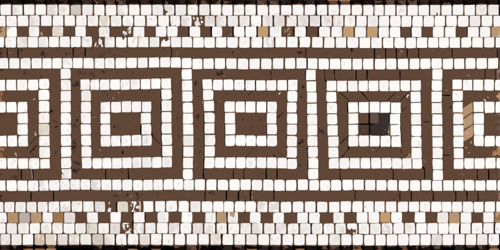 Ancient roman mosaic with geometric patterns in brown and white tones