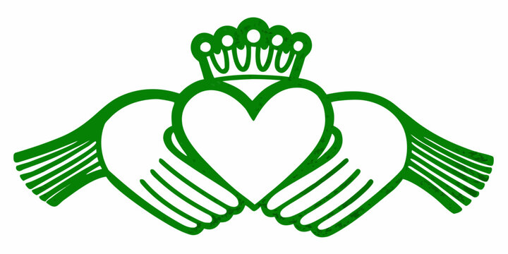 Green claddagh symbol depicting hearts hands and a crown