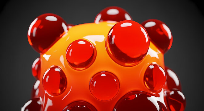 A vibrant yellow and orange abstract sphere is covered with numerous translucent red bubbles on a dark background.