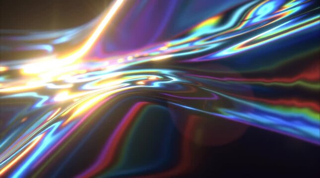 4k abstract cinematic light leak transition, flowing liquid chrome reflections rainbow prism light streaks moving dark background, organic metallic fluid motion, glossy reflective surfaces bending