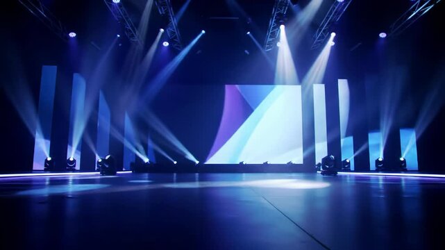 Wide cinematic video of an empty, minimalist high-tech stage with dramatic chiaroscuro lighting, cool blue/purple spotlights, haze, and an LED screen. Grandeur of innovation launch