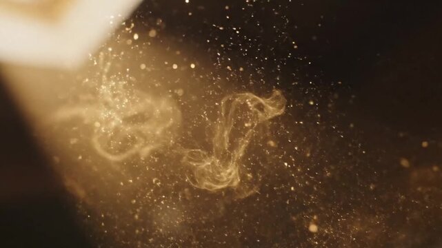 Golden Dust Particles and Smoke Swirling in Bright Cinematic Light Beam