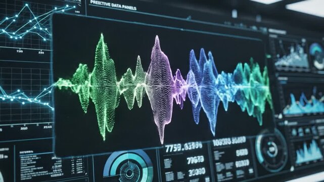 Futuristic digital soundwave data technology analysis visualization abstract blue green dashboard with modern science audio frequency graph interface, analytics charts, colorful waveforms