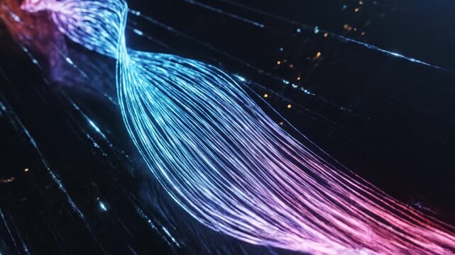 Abstract Glowing Fiber Optic Cable with Blue and Red Light Streaks, Futuristic Technology Background, Dynamic Energy Flow, Vibrant Digital Art, Modern Communication, Colorful Motion, Innovation