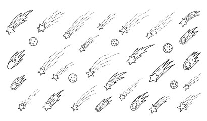 Hand drawn shooting stars and comet trail vector icons with stardust falling meteor illustration set © MdShakil
