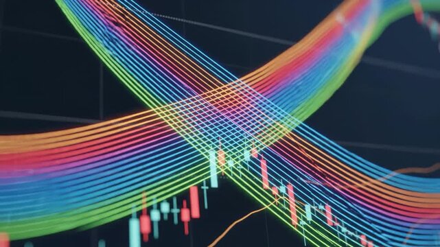 Colorful line graph financial chart stock market data abstract background digital trend investment analysis economic growth futuristic technology dynamic movement candlestick pattern rainbow moving
