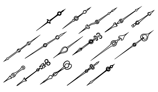 Hand drawn antique clock hands vector set with vintage watch pointers and ornate time arrows