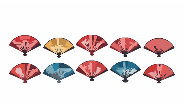 Asian folding fan icons vector set with colorful traditional paper fans in modern flat design