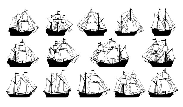 Cartoon old wooden sailing ships vector set with pirate galleon frigate and sailboat illustrations