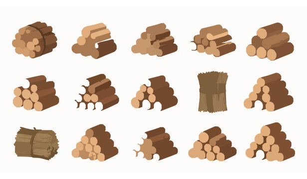 Cartoon firewood stack vector set with wood logs timber bundles and bonfire fuel illustration