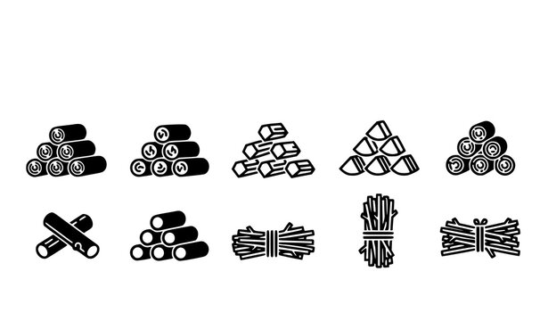 Firewood stack icons vector set with wood log piles timber bundles and campfire fuel symbols