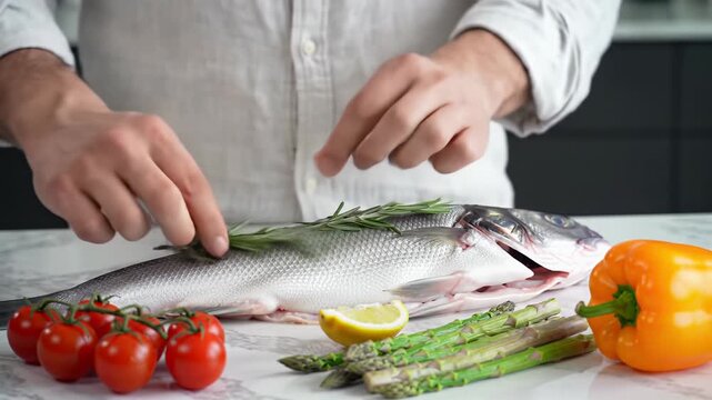 Elegant hands prepare branzino with rosemary, lemon, fresh vegetables on a minimalist marble kitchen countertop in soft natural light, concept of culinary excellence