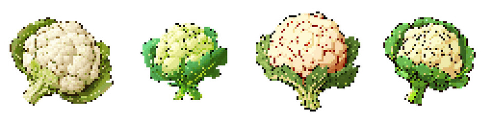 Fototapeta premium Cauliflower pixel icon set. retro, pixelated 2d graphics for games and apps