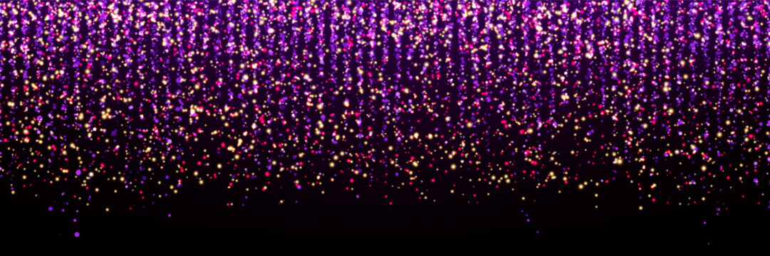 Abstract vector bg with overlay purple star shower or strass. Sparkling lamellas with a rhinestone pattern and glow effect. Luxurious metallic curtain with sequins. Falling glitter particles on black